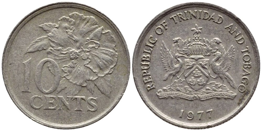 Тринидад и Тобаго 10 центов 1977 цветок гибискуса KM 31 медно-никель 4396-854