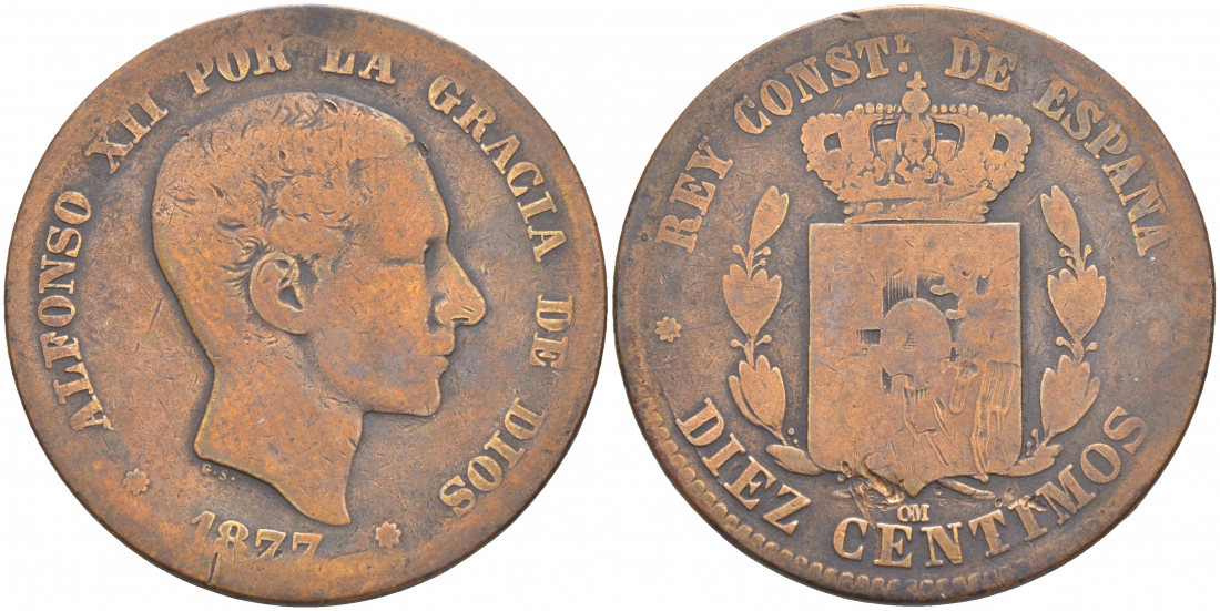 ИСПАНИЯ 10 СЕНТИМО 1877 OM, АЛЬФОНСО XII (1874-1885) KM 675 (Y70) бронза 3855-544