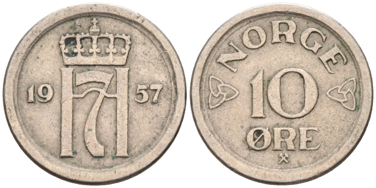 Норвегия 10 эре 1957 Хокон VII (1905-1957) KM 396 медно-никель 4594-428