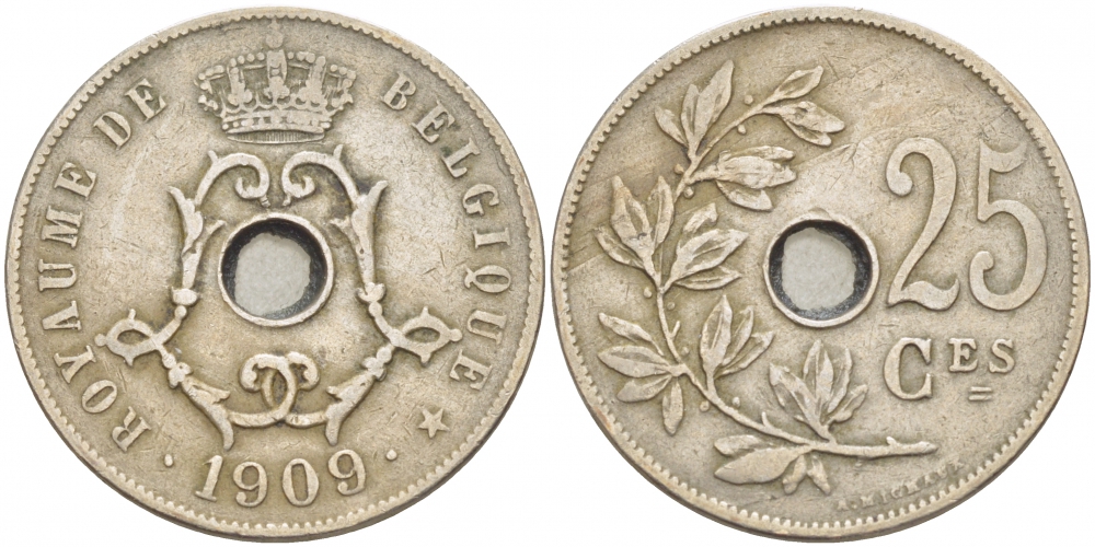БЕЛЬГИЯ 25 САНТИМОВ 1909 BELGIQUE KM 62 медно-никель 87-1525