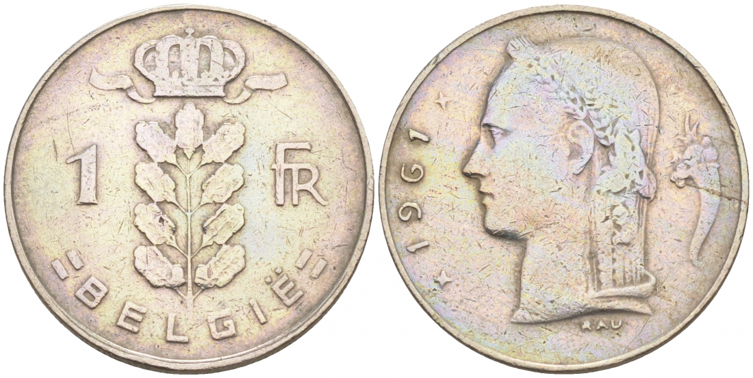 БЕЛЬГИЯ 1 ФРАНК 1961 BELGIE KM 143.1 медно-никель 68-622
