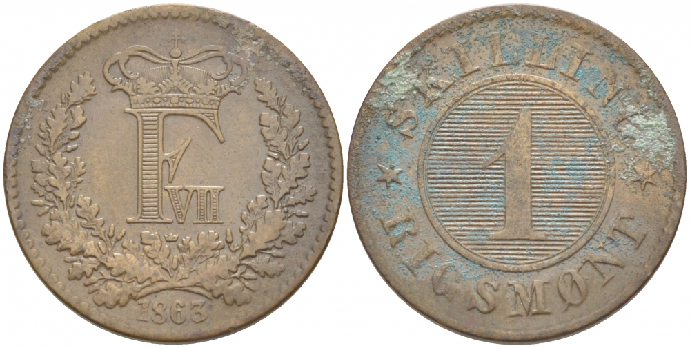 ДАНИЯ 1 СКИЛЛИНГ РИГСМОНТ 1863 с KM 763 (С 135) бронза 3309-925