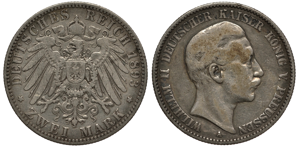 Пруссия 2 марки 1893 A, Вильгельм II (1888-1918) J.102, Weege 101, KM 522 серебро 3711-712