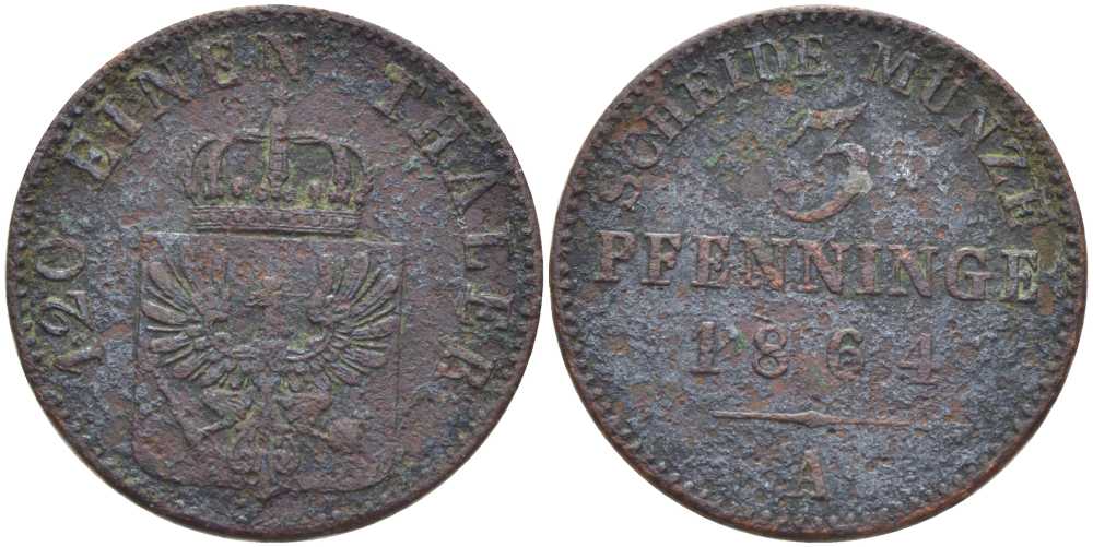 ПРУССИЯ 3 ПФЕННИГА 1864 А, ВИЛЬГЕЛЬМ I (1861-1888) KM 482 медь 117-1114