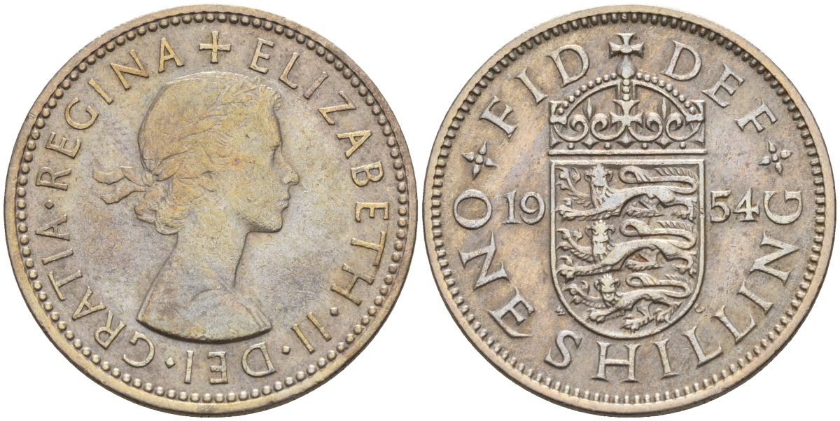 Великобритания 1 шиллинг 1954 Елизавета II (1952-2022), Английский герб KM 904, Spink 4147 медно-никель 4153-911