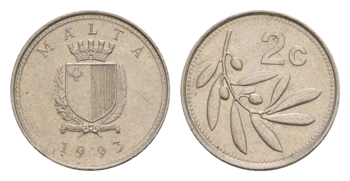 Мальта 2 цента 1993 оливковая ветвь KM 94 медно-никель 4632-855