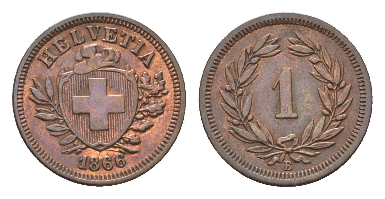Швейцария 1 раппен 1866 B KM 3.1 бронза 1530-431