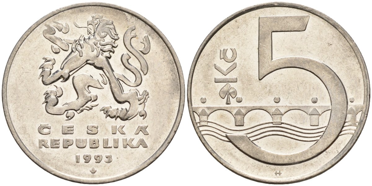 Чехия 5 крон 1993 чешский лев, Карлов мост KM 8 сталь плакированная никелем 4156-212