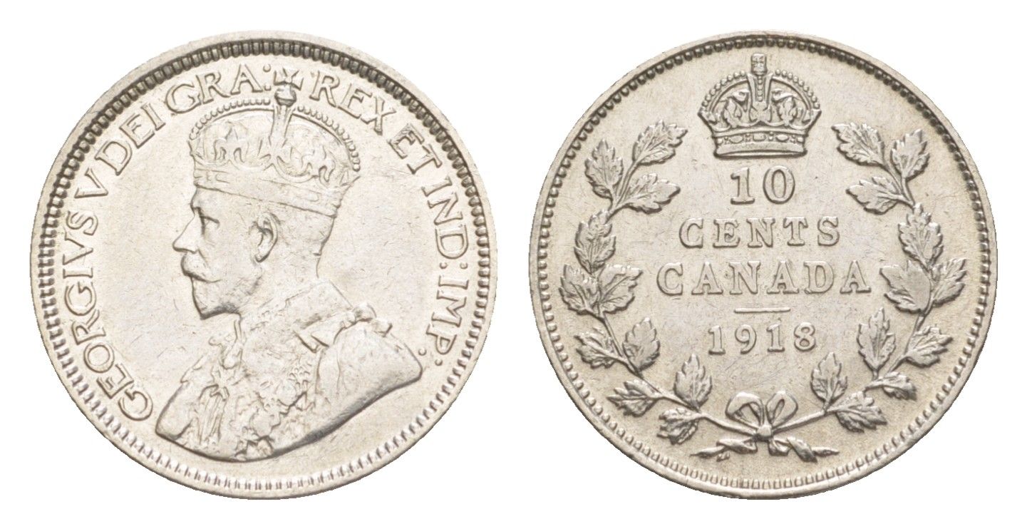 Канада 10 центов 1918 Георг V (1910-1936) KM 23 серебро 1527-723
