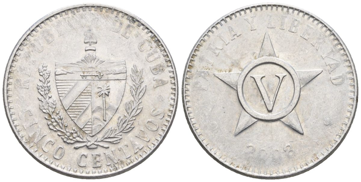 Куба 5 сентаво 2008 KM 575.2, Schoen 713, JMA MC19 сталь плакированная никелем 4114-515