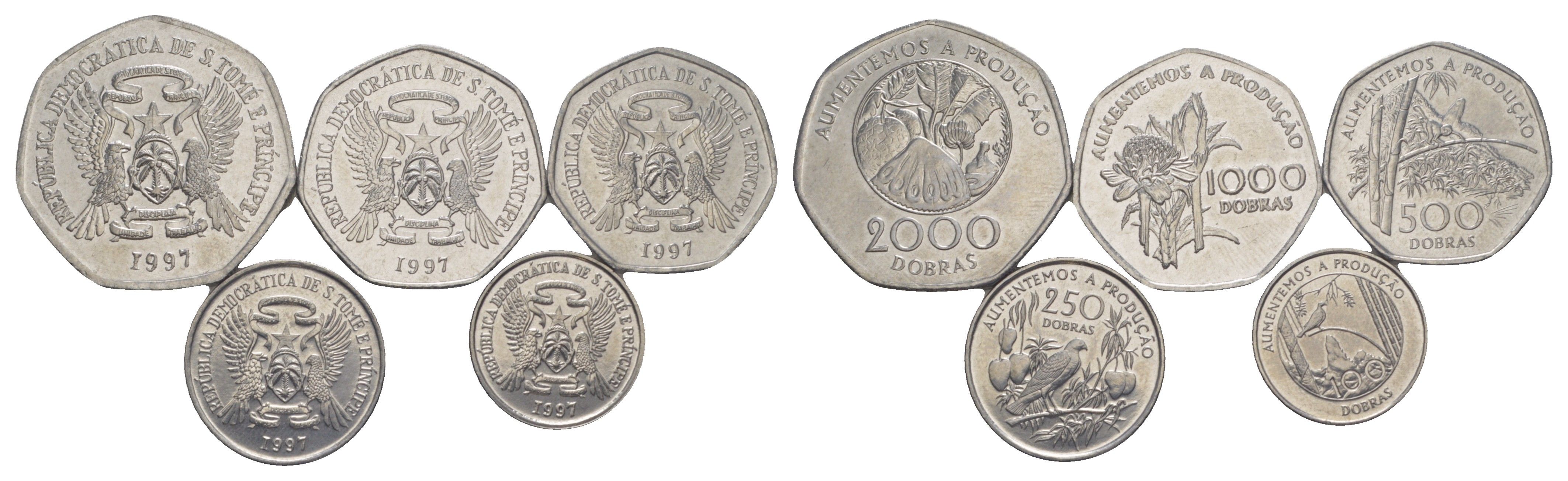 Сан-Томе и Принсипи полный набор из 5 монет (100, 250, 500, 1000 и 2000 добр) 1997 KM 87, 88, 89, 90 и 91 хромированная сталь UNC 4641-1141-1145