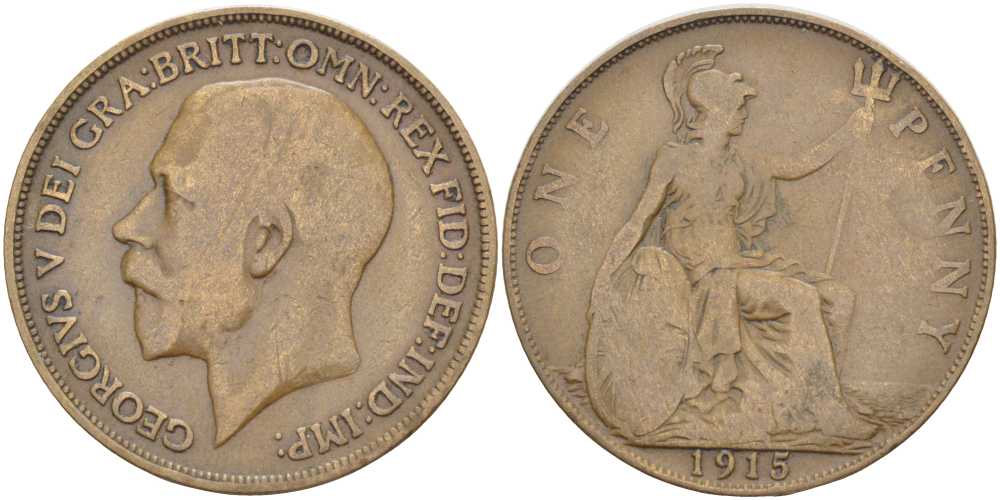 Великобритания 1 пенни 1915 Георг V (1910-1936) KM 810, Spink 4051 бронза 180-1146