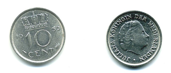 НИДЕРЛАНДЫ 10 ЦЕНТОВ 1959 ЮЛИАНА KM 182 никель 76-332