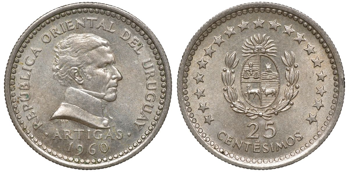 Уругвай 25 сентесимо 1960 KM 40 медно-никель 4169-866