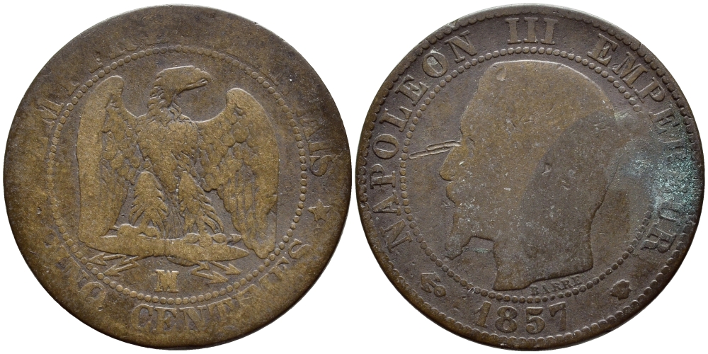 ФРАНЦИЯ 5 САНТИМОВ 1857 МА, НАПОЛЕОН III (1852-1870) KM 777.6, LE FRANC 116.42 бронза 4364-1117