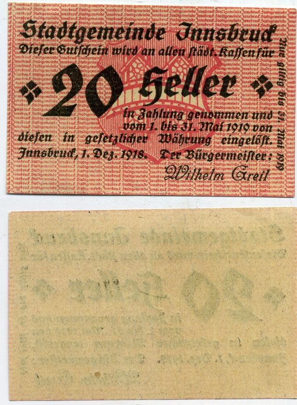ИНСБРУК, АВСТРИЯ 20 ГЕЛЛЕРОВ 1920 НОТГЕЛЬД, 1 ДЕКАБРЯ 1918 - 31 МАЯ 1919 бумага UNC 444-138-2-2