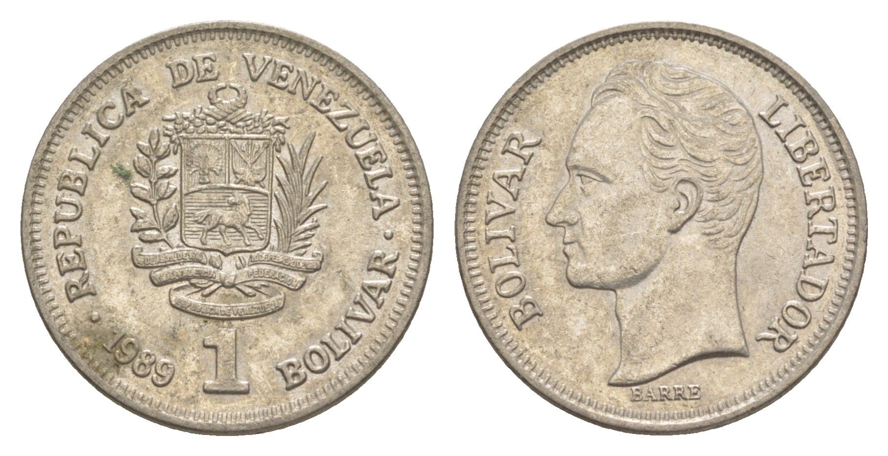 Венесуэла 1 боливар 1989 Симон Боливар, тонкий шрифт Y 52a.1 сталь плакированная никелем 4591-336