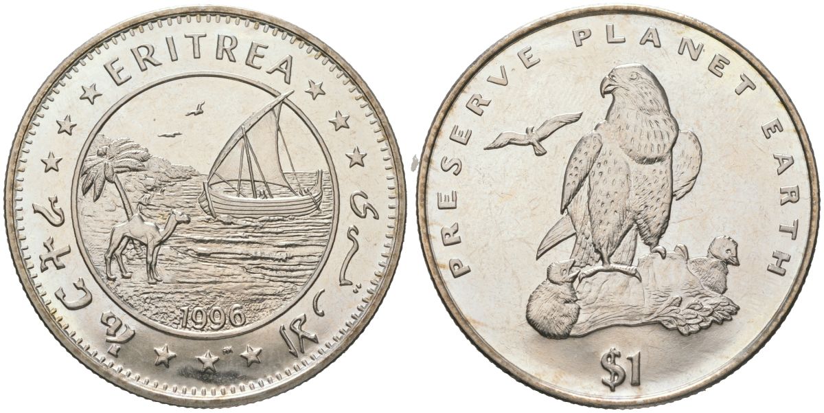 Эритрея 1 доллар 1996 берегите планету Земля - Средиземноморский сокол KM 37 медно-никель BU 4368-724