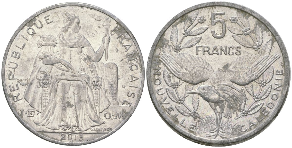 Французская Новая Каледония 5 франков 2013 птица кагу, (IEOM) KM 16, Schoen 12, Lec 81k алюминий 4111-1233