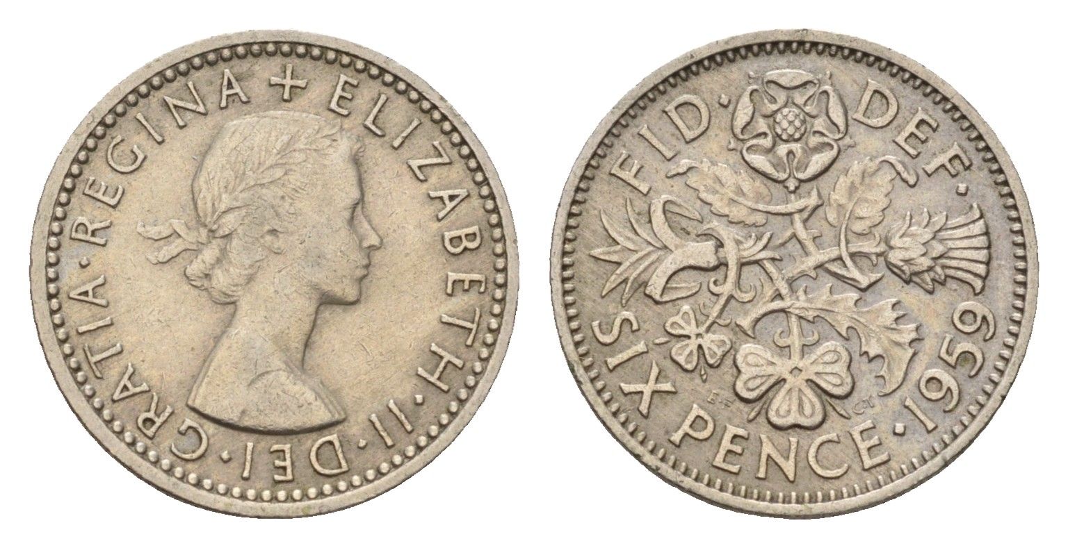 Великобритания 6 пенсов 1959 Елизавета II (1952-2022) KM 903, Spink 4149 медно-никель 100-555