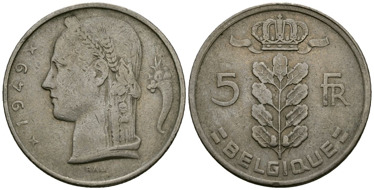 Бельгия 5 франков 1949 Леопольд III (1934-1950), Belgique KM 134.1 медно-никель 4172-545