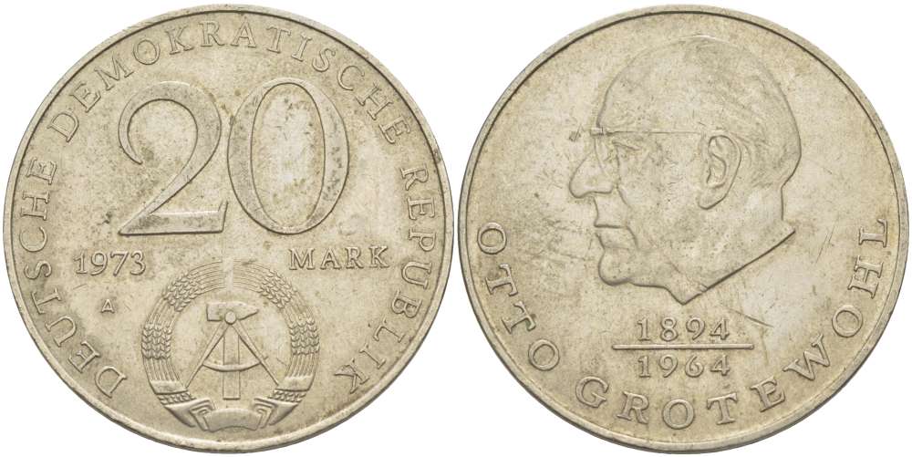 ГДР 20 марок 1973 А, Отто Гротеволь (1894-1964) KM 47 медно-никель 4521-532
