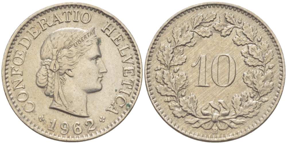 ШВЕЙЦАРИЯ 10 РАППЕНОВ 1962 В KM 27 медно-никель 39-1048