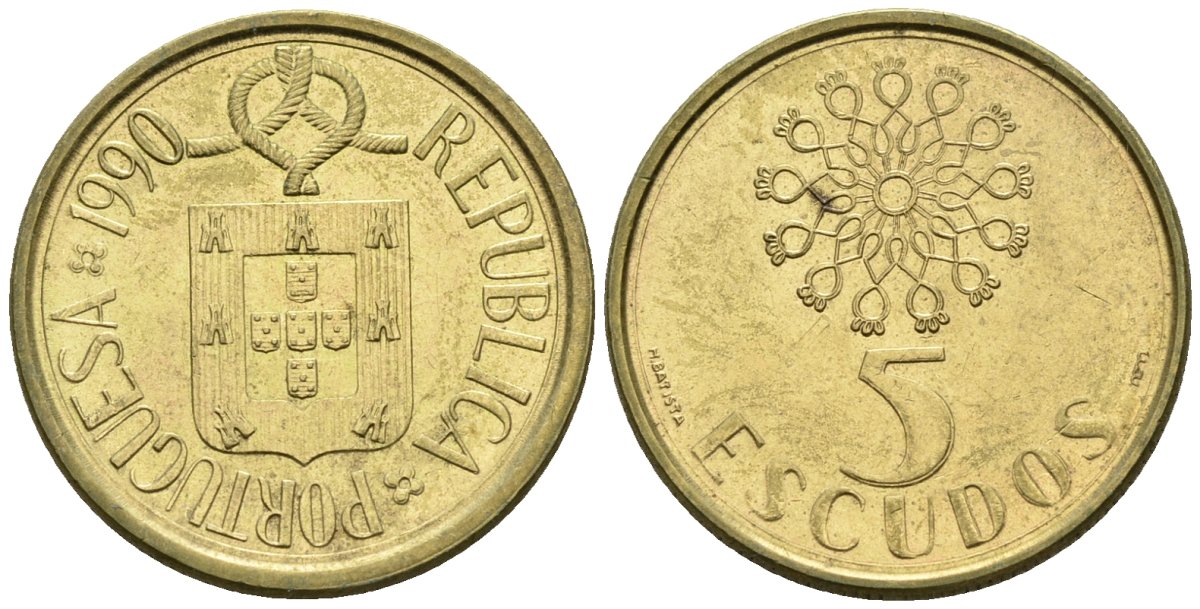 Португалия 5 эскудо 1990 KM 632 никель латунь 4148-451