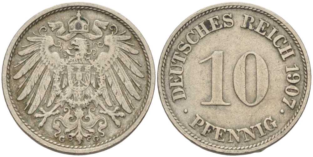 Германия 10 пфеннигов 1907 G KM 12, J. 13 медно-никель 31-135