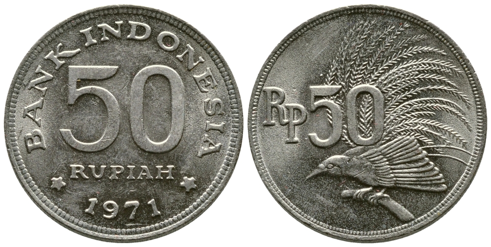 Индонезия 50 рупий 1971 райская птица KM 35 медно-никель 177-747