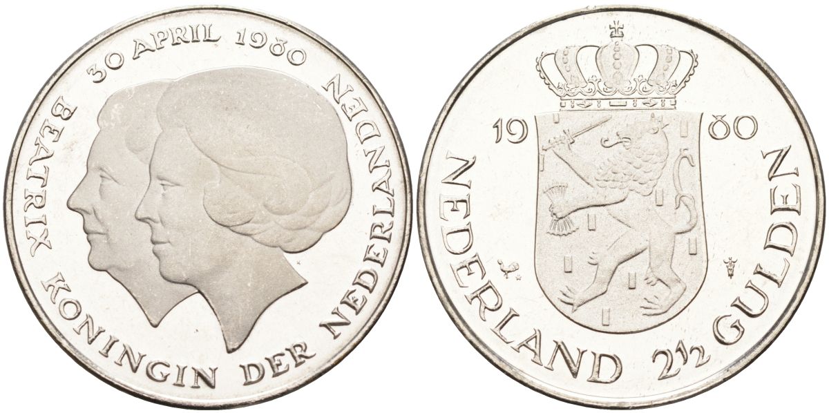 Нидерланды 2 1/2 гульдена 1980 коронация Беатрикс, 30 апреля 1980 KM 201 никель 4593-613