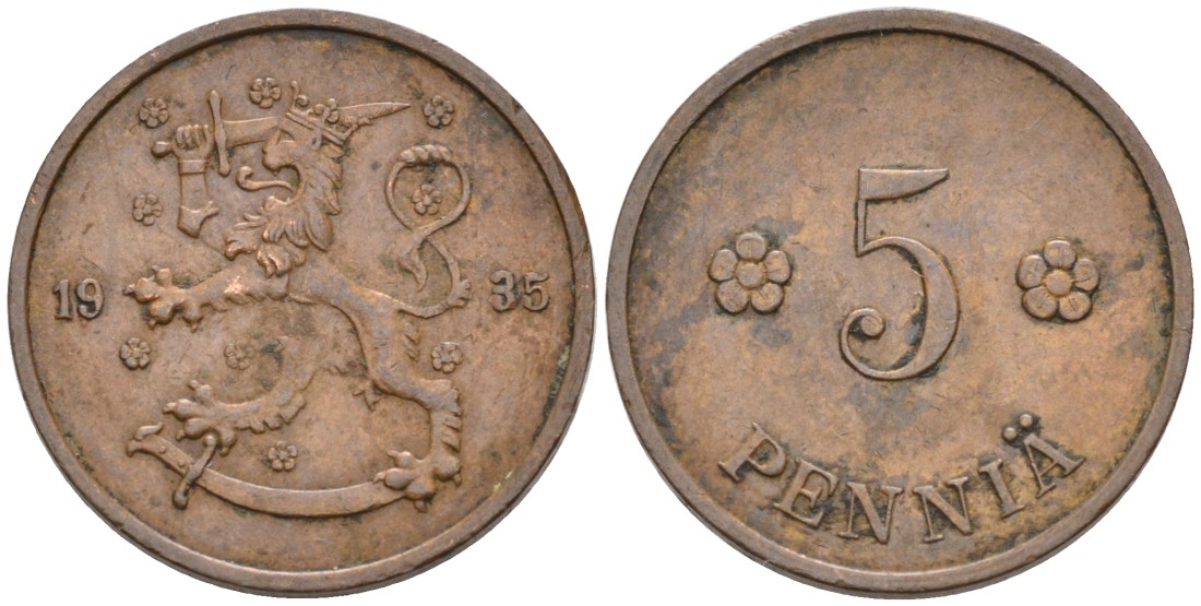 ФИНЛЯНДИЯ 5 ПЕННИ 1935 KM 22 медь 192-1251