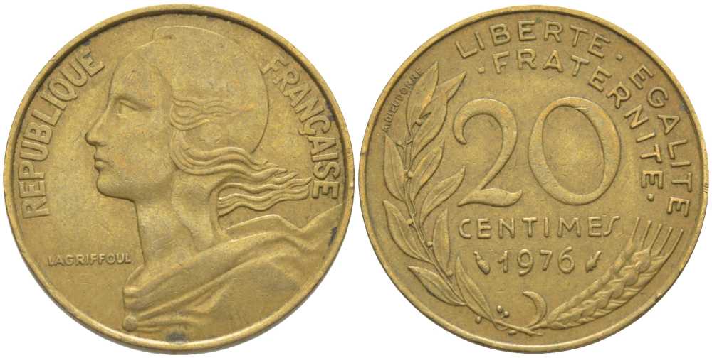 ФРАНЦИЯ 20 САНТИМОВ 1976 ТИП MARIANNE KM 930, LE FRANC 156.16 алюминиевая бронза 175-842