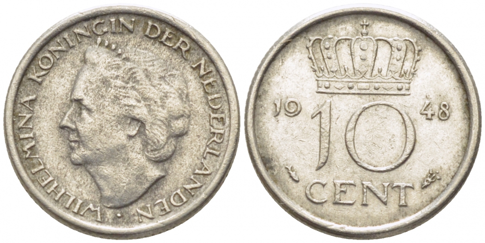 Нидерланды 10 центов 1948 Вильгельмина (1895-1948) KM 177 никель 112-255