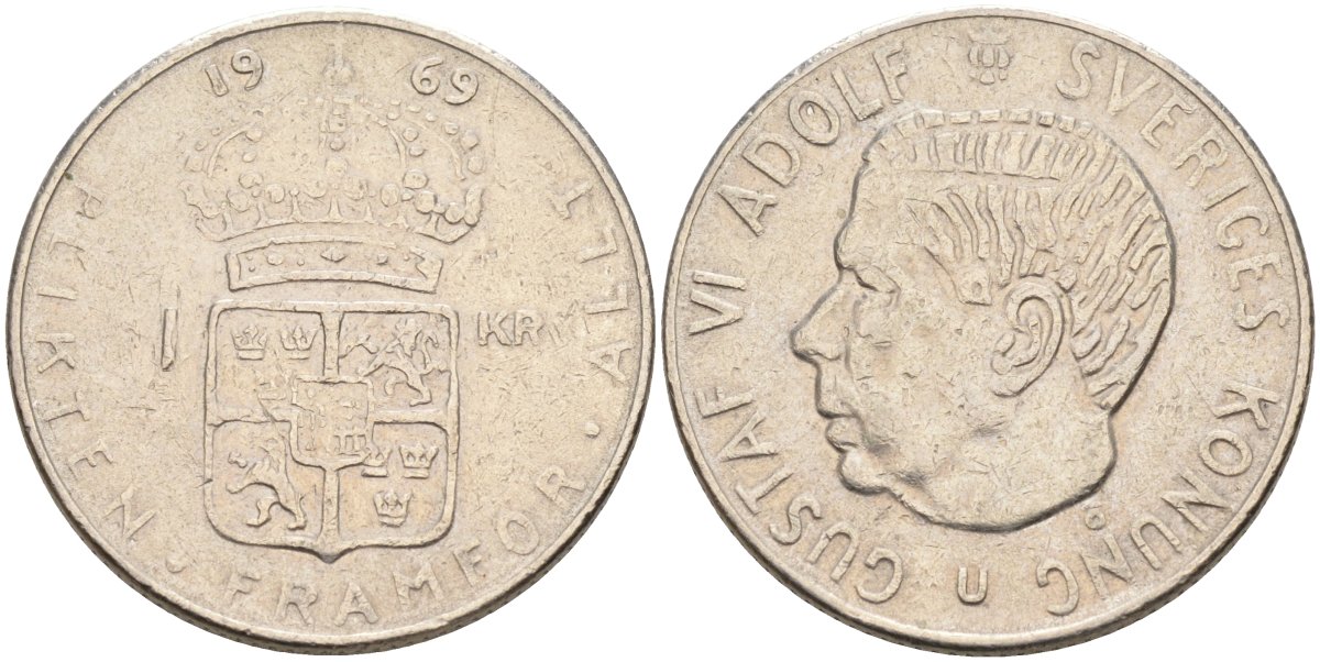 Швеция 1 крона 1969 Густав VI Адольф (1950-1973) KM 826а медь плакированная медно-никелем 4575-1057