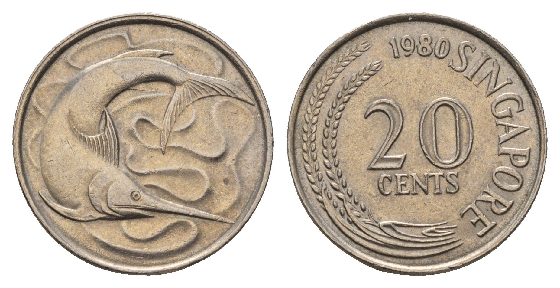 Сингапур 20 центов 1980 тунец KM 4 медно-никель UNC 3336-441