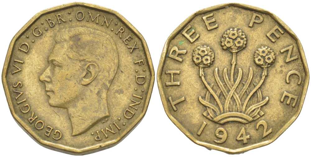 Великобритания 3 пенса 1942 Георг VI (1936-1952) KM 849, Spink 4112 никель латунь 175-615