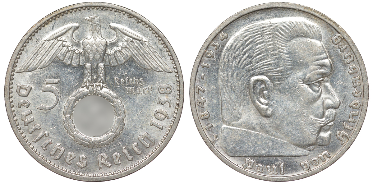 Германия 5 рейхсмарок 1938 E, Гинденбург КМ 94 J.367 серебро 36-731