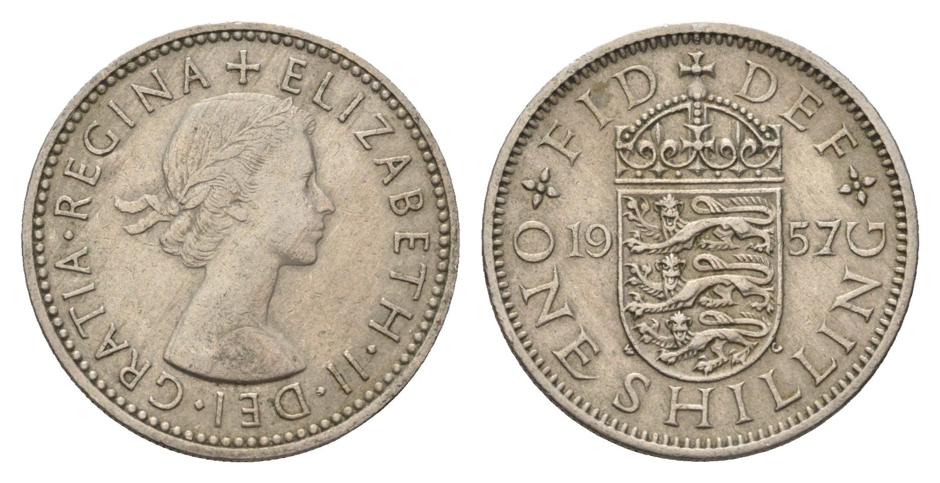 Великобритания 1 шиллинг 1957 Елизавета II (1952-2022), Английский герб KM 904, Spink 4147 медно-никель 4707-227