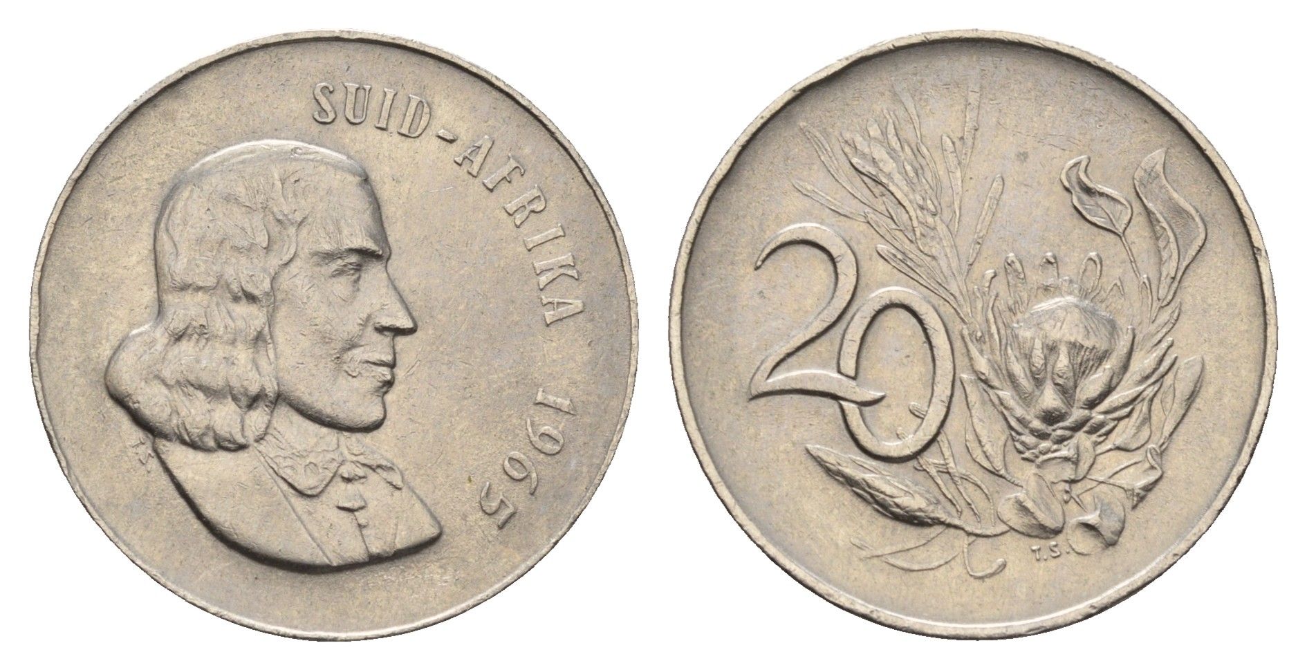 ЮАР 20 центов 1965 Ян ван Рибек (1619-1677), Suid Africa, легенда на африкаанс, цветок протея KM 69.2 никель 4693-652