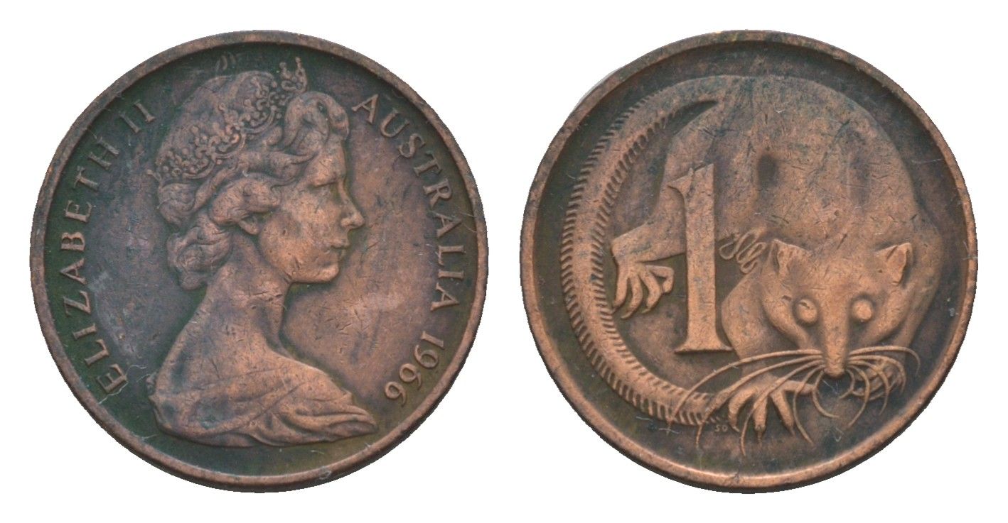 Австралия 1 цент 1966 Елизавета II (1952-2022), молодой портрет, опоссум KM 62 бронза 4655-1162