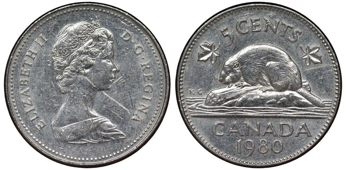 Канада 5 центов 1980 бобр, Елизавета II (1952-) KM 60.2 никель 4128-553