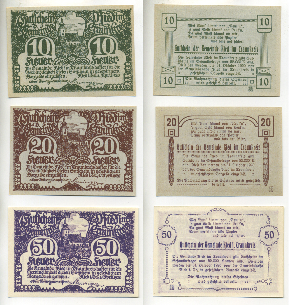 АВСТРИЯ НАБОР ИЗ 3 БАНКНОТ 1920 1 АПРЕЛЯ 1920-31 ОКТЯБРЯ 1920, НОТГЕЛЬД, 10, 20, 50 ГЕЛЛЕРОВ, RIED im GDAUNKREIS бумага aUNC 7203-46-2