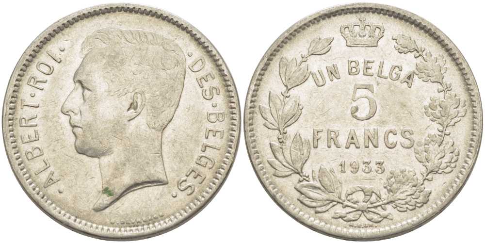 БЕЛЬГИЯ 5 ФРАНКОВ 1933 АЛЬБЕРТ I, DES BELGES KM 97.1 никель 3851-246
