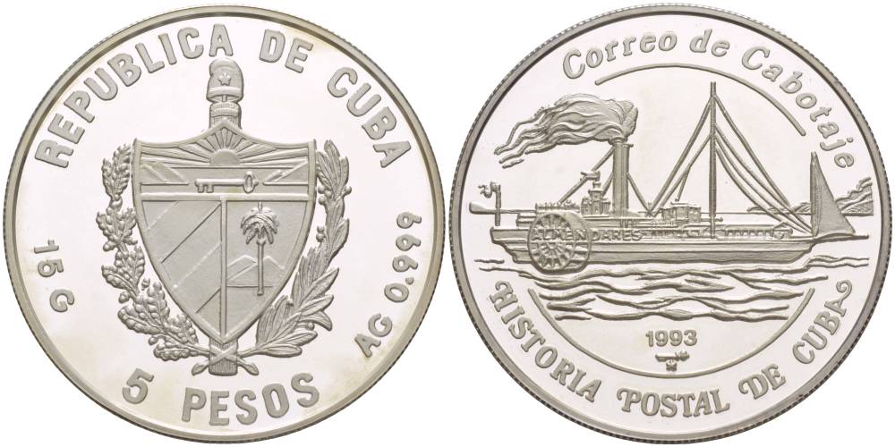 Куба 5 песо 1993 история почтовых пароходов Кубы, толстые буквы и венок, "9" в дате с загнутым хвостиком KM 524.3 серебро  PROOF  1087-6-75