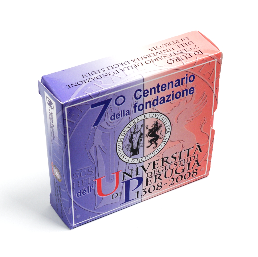 Италия 10 евро 2008 700 лет Университету Перуджиа, в оригинальной коробке с сертификатом KM 306 серебро PROOF 4-3-2-06