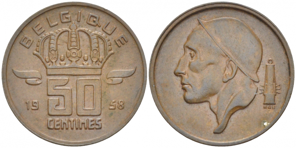 БЕЛЬГИЯ 50 САНТИМОВ 1958 BELGIQUE KM 148.1 бронза 3996-1245