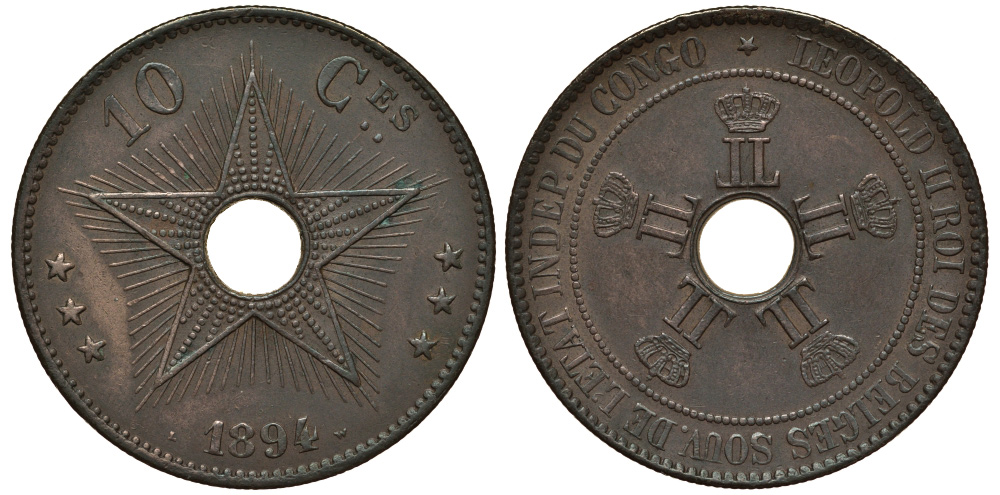 Бельгийское Конго 10 сантимов 1894 LW KM 4 медь 5010-114