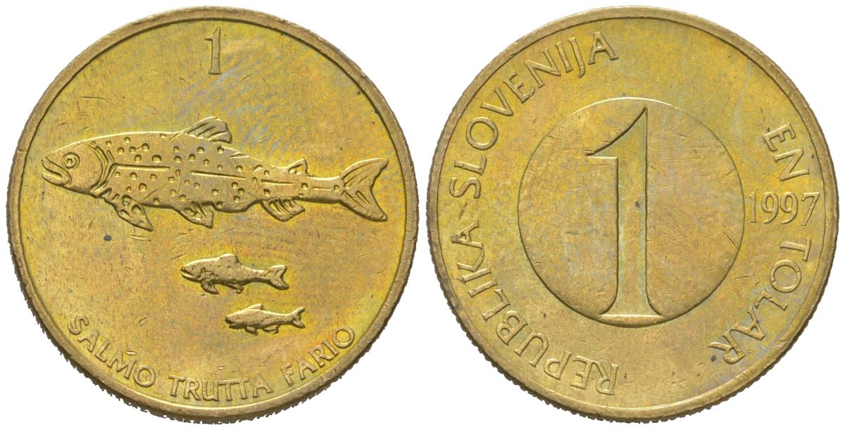 Словения 1 толар 1997 рыбы KM 4 латунь 206-326