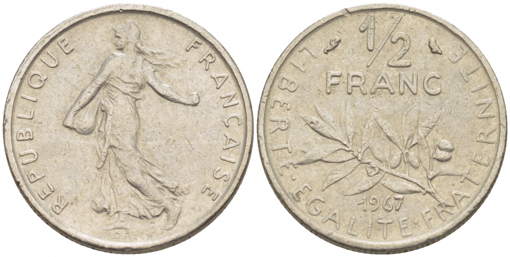 ФРАНЦИЯ 1/2 ФРАНКА 1967 KM 931.1 никель 3309-1112
